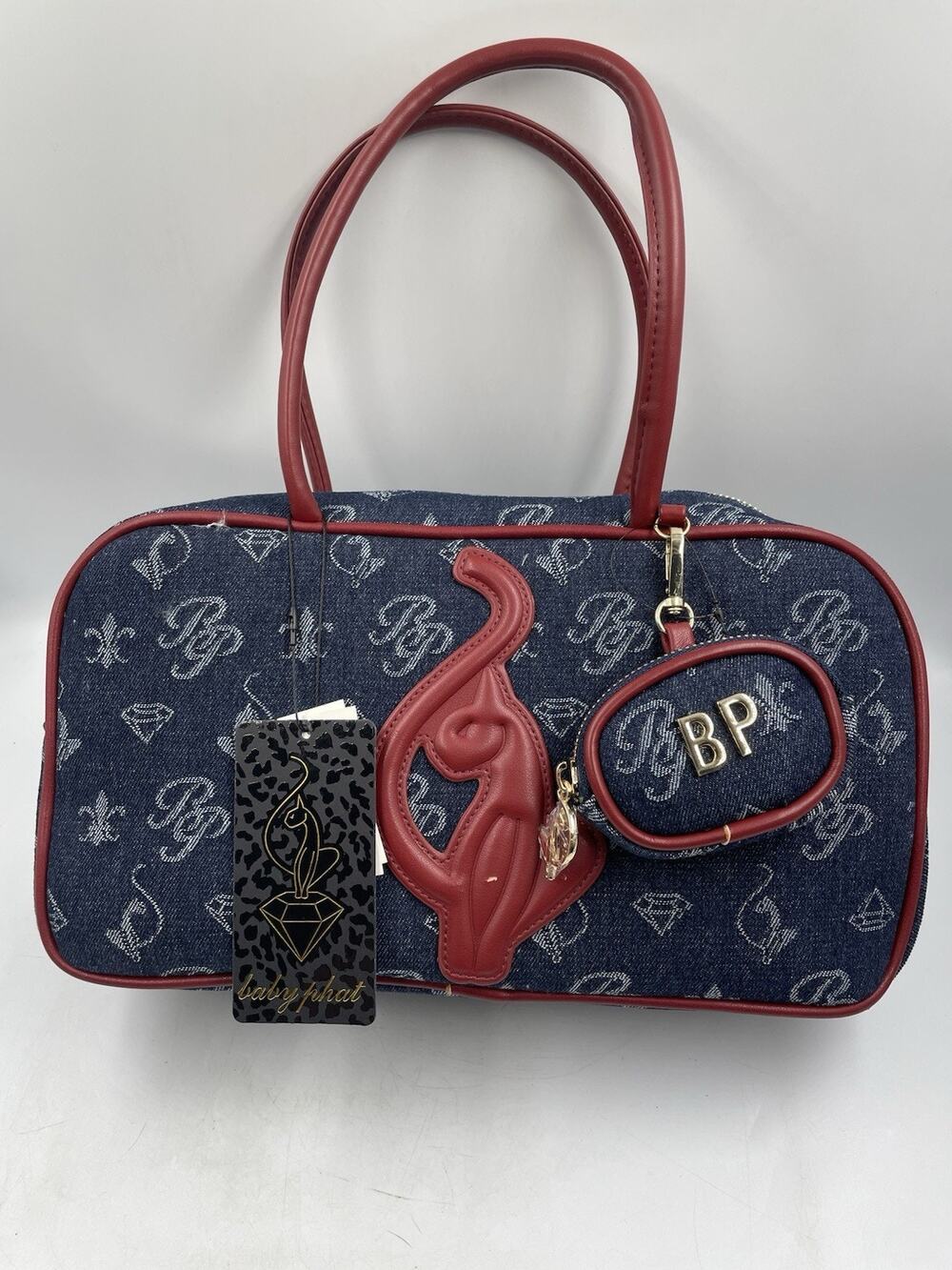 Baby Phat Denim Monogram Satchel Top Handle Zip Tote Bag w/ Coin Purse NWT